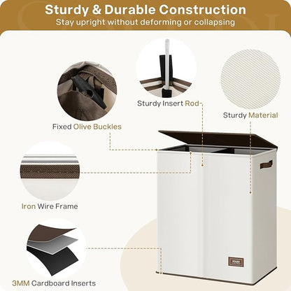 SOLEDI Luxury Double Laundry Hamper with Lid and Removable Bags, Large Hamper for Laundry, Laundry Basket 2 Sections, Collapsible Ditry Clothes Hamper for Bedroom, Laundry Room, Bathroom, Off-white