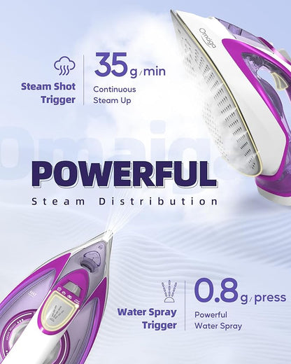 Steam Iron for Clothes, 1750W Iron with Rapid Heating, Non-Stick Ceramic Soleplate, Powerful Steam, Self-Cleaning, Auto-Off, Anti-Drip, 15.21oz Water Tank Ironing Clothes for Home, Purple