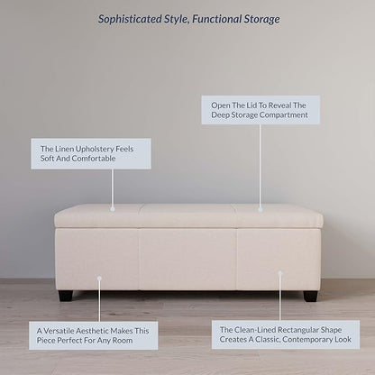 BELLEZE Storage Faux Leather Ottoman, 47 Inch Bench Bedroom Bench with Safety Close Hinge, Extra Long Ottoman with Storage for Living Room, Entryway, Hallway, Foot Rest, Support 300lbs - Beige