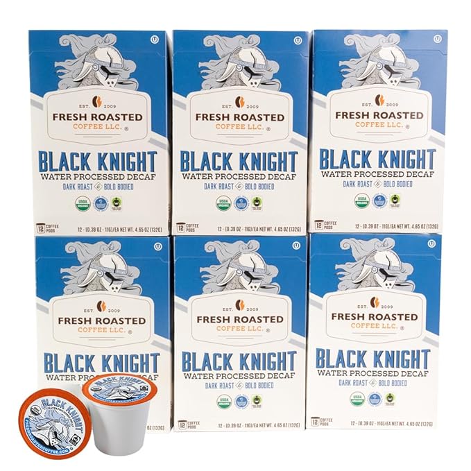 Fresh Roasted Coffee, Organic Black Knight Water-Processed Decaf | USDA Organic, Kosher | Dark Roast | 72 Pods for K Cup Brewers