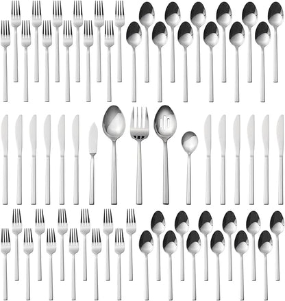 Alata Cube 65-Piece Forged Stainless Steel Flatware Set Cutlery Set with Utensil-Serving Set, Silverware Set Service for 12, Mirror Finish, Dishwasher Safe