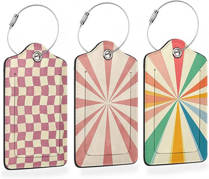 Abstract Colorful Twisted Checkered PU Leather Luggage Tags for Suitcase, Travel Cruise 3 Pack with Privacy Flap, Name ID Label and Metal Loop for Women Men Girls Baggage Bag Backpack
