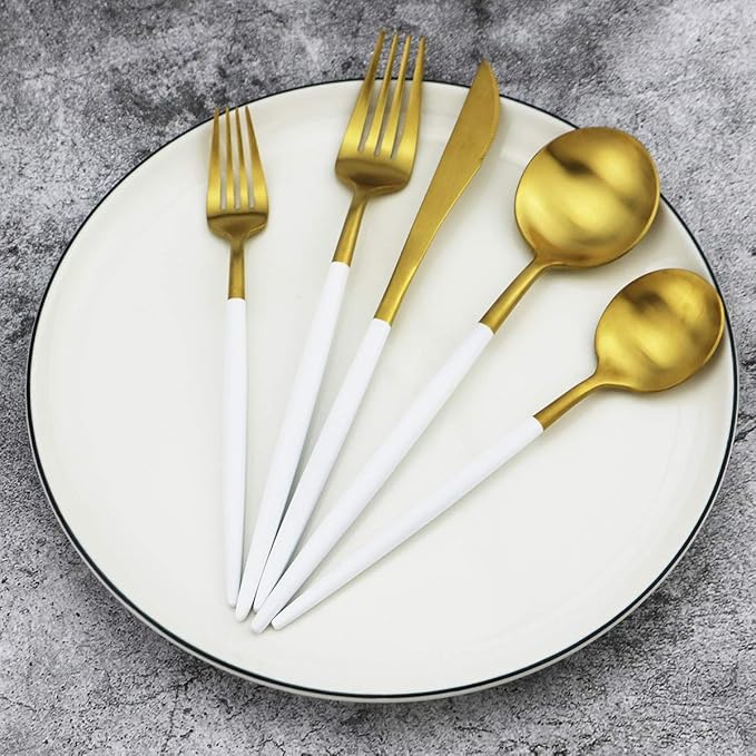 Gugrida 20-Piece 18/10 Stainless Steel Flatware Silverware, Luxury Dinnerware Set Travel Cutlery Tableware Include Knife Fork Spoon Service for 4, Dishwasher Safe (White Handle Matte Gold)