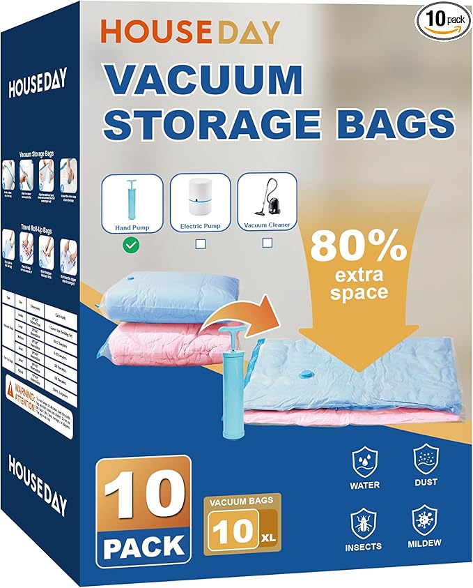 HOUSE DAY 10 Jumbo Vacuum Storage Bags with Pump,Space Saving Vacuum Seal Bags For Clothing Travel, Vacuum Storage Bags For Clothes, Comforters, Blankets, Pillows, Bedding, Moving, Travel, Hand Pump