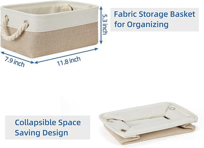 Temary Small Fabric Storage Baskets 6 Pcs Decorative Baskets Bins for Gifts Empty Foldable Storage Basket with Handles for Organizing Shelf, Towels (White&Khaki,11.8 L x 7.9 W x 5.3 H inches)
