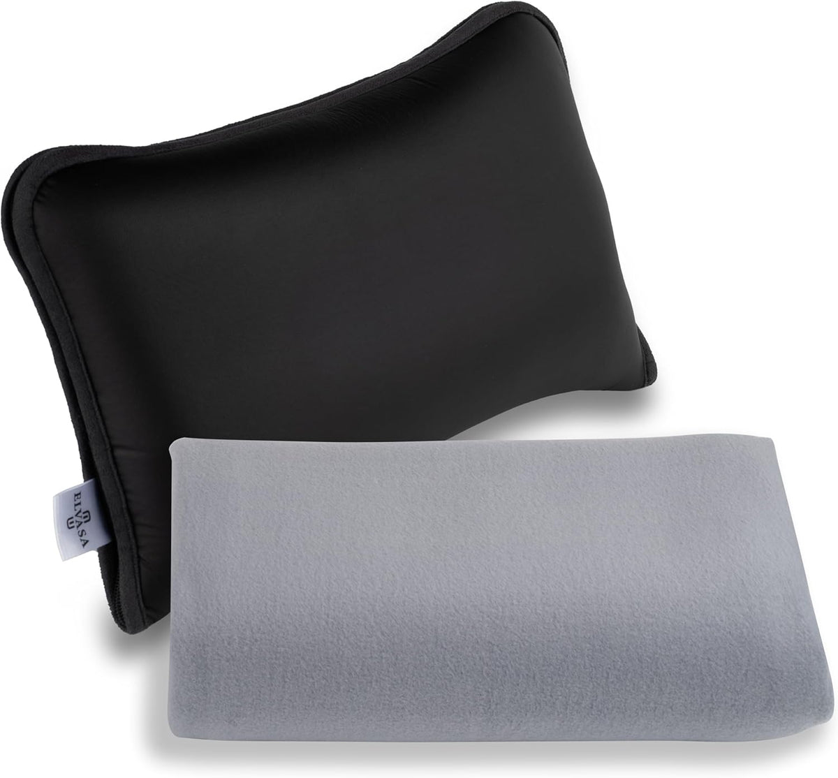 Elvasa Travel Blanket and Pillow Set – Compact Lightweight Throw for Train, Car – Small, Portable Fleece – Long Flight Must Haves – Airplane Comfort Kit – Multi-Use Quillow for Travel (Black)