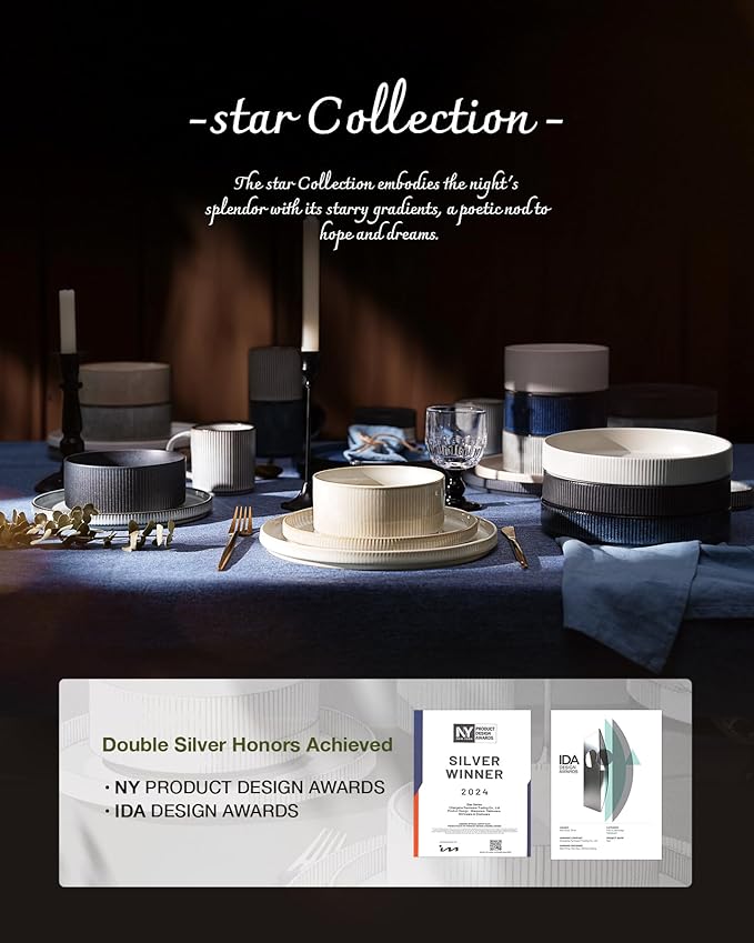Famiware Star Dinnerware Set with Pasta Bowls, Service for 4 (16pcs), Ribbed Stoneware Plates and Double Bowls Dishes Sets - Chip & Scratch Resistant, Microwave & Dishwasher Safe, Smoky Blue