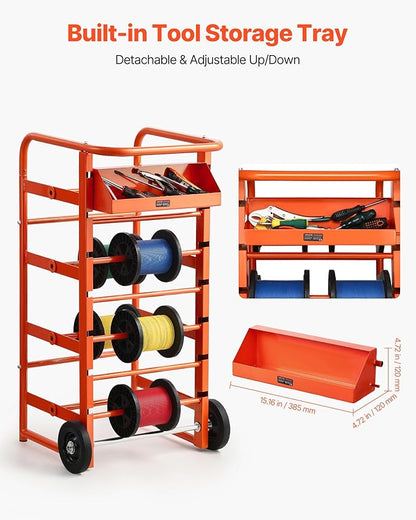 VEVOR Wire Spool Rack, 11 Rods, Multi-Spool Wire Rack Dispenser, Cable Caddy with Wheels, Cable Holder with Storage Tray for Wiring Storage, for Electrical, Industrial & Retail Use, Working Efficiency