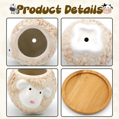 Photken Small Ceramic Succulent Pots - 6 Pack 3" Cartoon Animal Shape Planters Indoor & Outdoor with Drain Holes and Bamboo Tray for Succulents, and Herbs