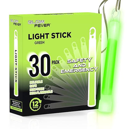 Glow Fever Emergency Safety Military Grade Glow Sticks, 30pcs 6'' Lightsticks, Light Up Ultra Bright with 12 Hours Duration. for Hiking Party Camping Blackouts Hurricane Shelter Survival Kit (Green)