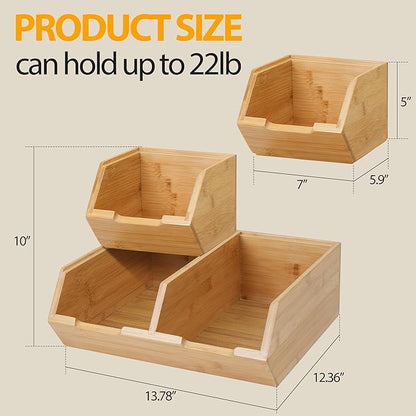 Pantry Storage Bins 3-Pack, Stackable Bamboo Containers for Potato & Onion Storage, Kitchen Organization & Decor