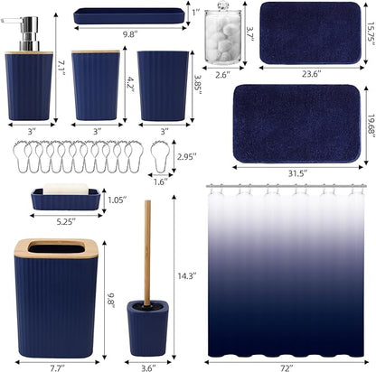 Bathroom Accessory Set–Bathroom Sets with Shower Curtain and Rugs, No Slip Bathroom Rugs Super Absorbent, Blue Ombre Water-Proof Shower Curtain with Hooks, Blue Bathroom Sets Complete for Home