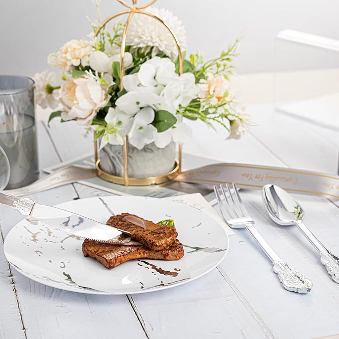 N9R 300PCS Silver Plastic Silverware, Heavy Duty Plastic Cutlery for Parties, Fancy Disposable Flatware Set Includes 100 Forks, 100 Spoons, and 100 Knives, Perfect for Weddings, Dinners, Picnics