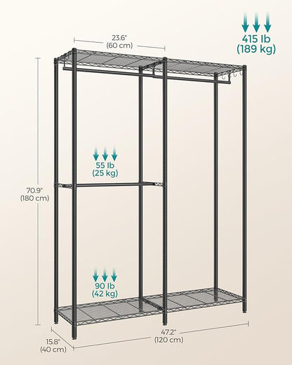 SONGMICS Clothes Rack, Freestanding Wardrobe Closet, Metal Clothing Racks, Heavy-Duty Garment Rack with Adjustable Shelves, Hanging Rods, Dividable, 15.8 x 47.2 x 70.9 Inches, Ink Black ULGR423B01