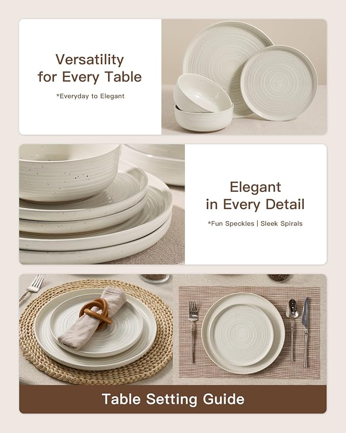 Stoneware Dinnerware Sets for 6, Plates and Bowls, Cream | 18-Piece Ceramic