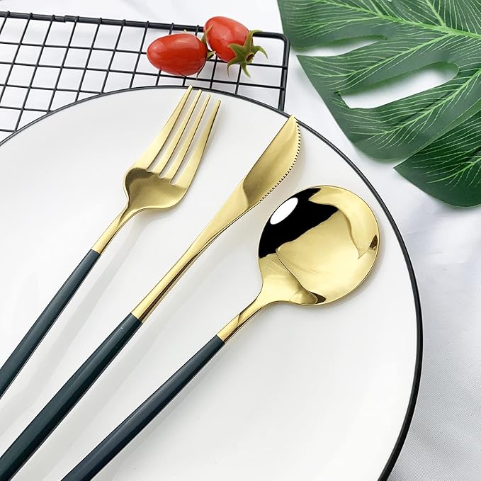 JASHII Flatware Serving Set 24 Piece, Stainless Steel Silverware Set, Green Gold Cutlery Set, Modern Elegant Tableware Set for Party, Christmas, Dinner (Green Gold)