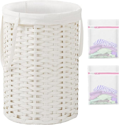 Laundry Hamper Laundry Basket Round 19.0 Gal (72 L) Handwoven Rattan Laundry Basket, Large Wicker Laundry Hamper with Removable Laundry Bag Handles 2 Mesh Bags for Bedroom Living Room White