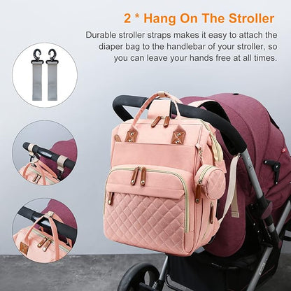 Diaper Bag with Changing Station, Waterproof 3 in 1 Baby Diaper Backpack with Foldable Changing Pad, Large Travel Back Pack for Baby Girl Boy, Peach Pink