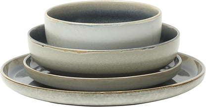 Gibson Elite Sunveil 16 Piece (Service for 4) Plates and Bowls Reactive Glaze Round Dishes Stoneware Ceramic Dinnerware Set -Blue