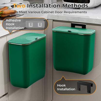 2.4 Gallon Hanging Trash Can - Small Under Sink Trash Can with Lid, Wall Mounted Compost Bin for Kitchen Cupboard Countertop, Odor-Control, Extended Clamping Ring, PET Material, Green