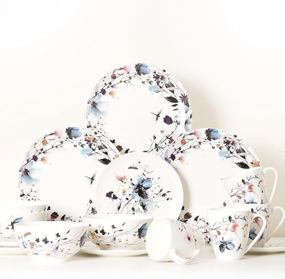 KOKEN Blue Dragonfly Ceramic Dinnerware Set - 4 Piece Plates and Bowls, Microwave Safe