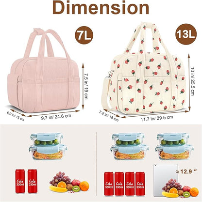 Corduroy Lunch Box Lunch Bag for Women Men, Cute Strawberry Small Insulated Reusable Work Leakproof Simple Lunch Boxes Tote Bag Adults Cooler Bag