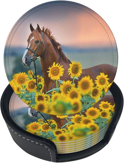 6 Pcs Horse Sunflowers Leather Coasters