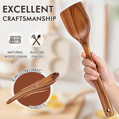 12 Pcs Teak Wooden Utensil Set with Holder & Spoon Rest, Wooden Spoons for Cooking with Comfort Grip, Wooden Cooking Utensils Set for Nonstick Cookware, Lightweight & Heat Resistant Kitchen Utensils