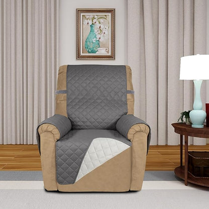 PureFit Reversible Quilted Sofa Cover, Water Resistant Slipcover Furniture Protector, Washable Couch Cover with Non Slip and Elastic Straps for Kids, Dogs, Pets (Recliner, Gray/Ivory)