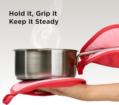 Kitchen Mama Silicone Pot Holders - Heat Resistant, Non-Slip Surface, Dual Pocket Design with Soft Cotton Lining, Safe, Durable, Stylish, Practical for Everyday Use Hot Oven, Bowl, Pan (Red)