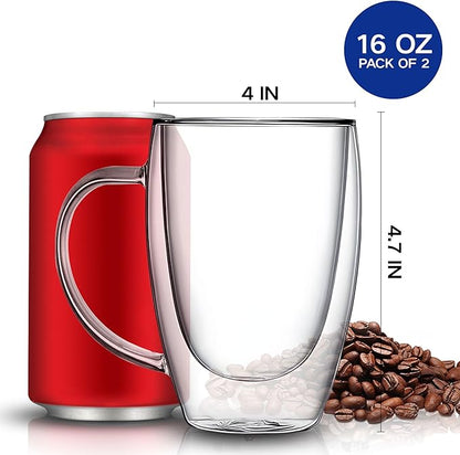 Set of 2 Double Walled Glass Coffee Mugs 16 Ounces Insulated Layer Coffee Cups with Handle Borosilicate Glass Espresso Cup for Hot Beverage,Cappuccino,Tea,Latte,Wine,Microwave Safe
