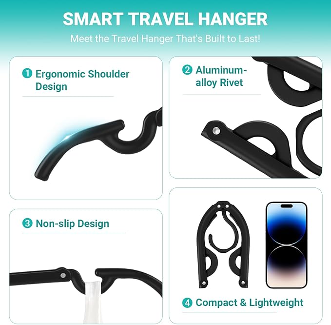 10Travel Hangers Foldable，Folding for Travtravel Hangerscruise Essentials ， 2025 Upgraded Folding Travel， Foldable for Suitcaseeling Travel Hangers (Black)