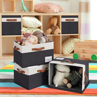 GhvyenntteS Extra Large Storage Bins with Lids, Foldable Fabric Storage Boxes with Lids and 3 Leather Handles, Storage Baskets with Label Window (6 Pack, Black, 15.75" x 11.8" x 10.2")