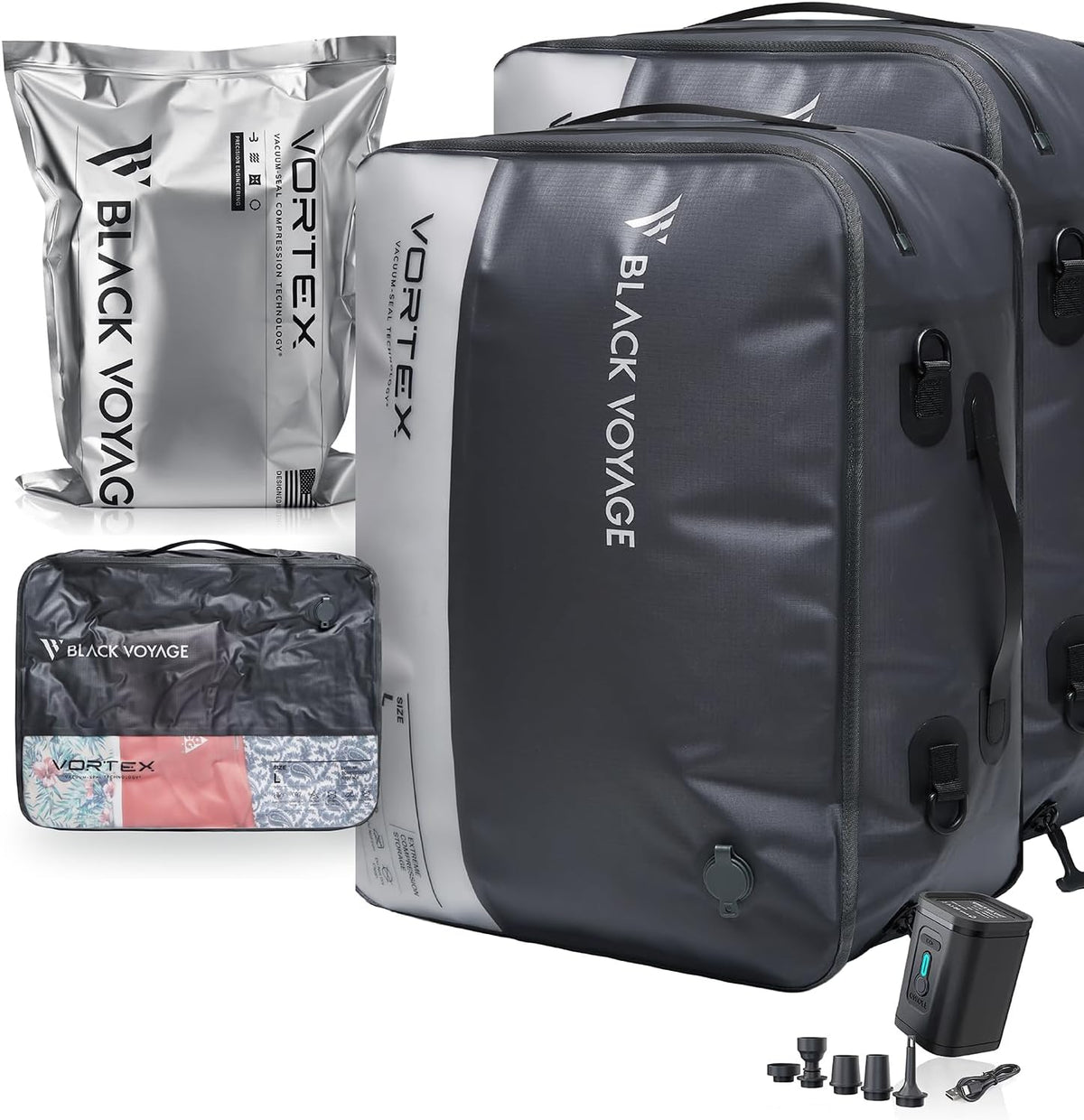 Black Voyage Reusable Vacuum Compression Travel Bag for Carry-On Suitcase and Backpack, Recycled IP67 Waterproof Space Saver Vacpack (2-Pack, 41L - Pump Included)