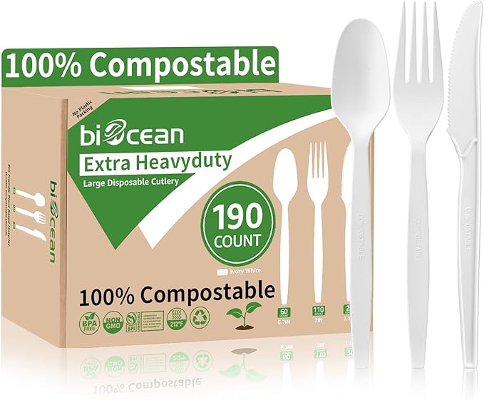 Extra Heavyduty Compostable Cutlery Set - 190 Count Large Disposable Utensils No Plastic Forks Spoons Knives Biodegradable Fork Eco Friendly Silverware for Party,BBQ,Daily Use,Events,Picnic