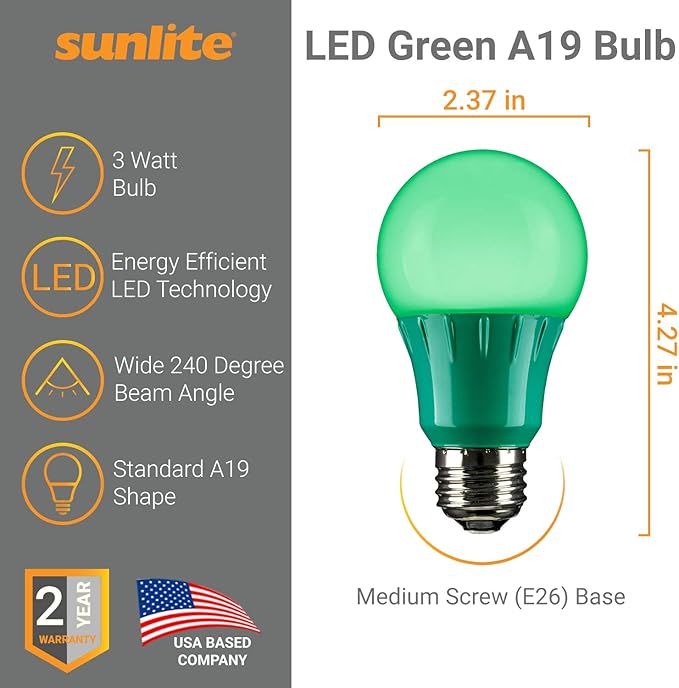 Sunlite 40469 LED A19 Colored Light Bulb, 3 Watts (25w Equivalent), E26 Medium Base, Non-Dimmable, UL Listed, Party Decoration, Holiday Lighting, 6 Count, Green