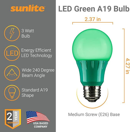 Sunlite 40469 LED A19 Colored Light Bulb, 3 Watts (25w Equivalent), E26 Medium Base, Non-Dimmable, UL Listed, Party Decoration, Holiday Lighting, 6 Count, Green