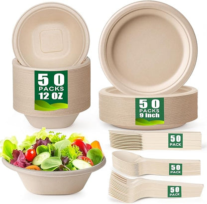 Gezond 250PCS Disposable Paper Plates and Bowls Set with Long Utensils, Compostable Plates Eco-Friendly Dinnerware Set Includes Biodegradable Plate, Bowls, Forks, Knives Spoons for Party Camping