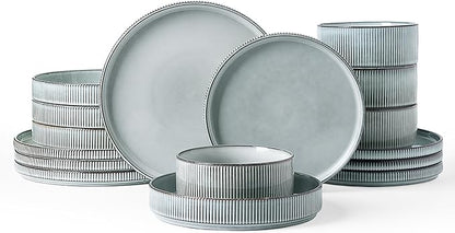 Famiware Star Dinnerware Set with Pasta Bowls, Service for 4 (16pcs), Ribbed Stoneware Plates and Double Bowls Dishes Sets - Chip & Scratch Resistant, Microwave & Dishwasher Safe, Smoky Blue
