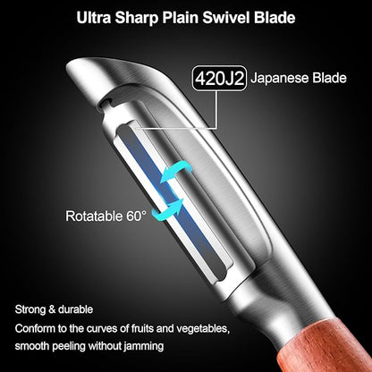 Vegetable Peeler Stainless Steel, Premium Potato Peelers for Kitchen, Ultra Sharp Rotary Blade Fruit & Veggie Peeler, Apple Peeler, I Shaped Peeler Real Wood Non-Slip Handle（5 Years Warranty）