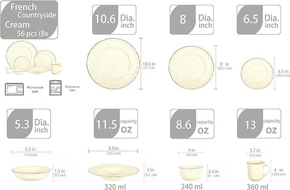 56pc Dinnerware Set, Plate and Bowl Set, Stoneware Dishes Set for 8, Microwave and Dishwahser Safe, Scratch Resistant, French Countryside Speckled Antique Cream