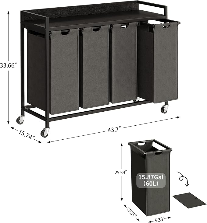 Laundry Hamper with Shelf, Laundry Basket 4 Section, Laundry Sorter with Pull-Out Removable Large Bags and Movable Wheels, Metal Frame, 4 x 15.87 Gallons (60L), Black and Gray PF07XLB