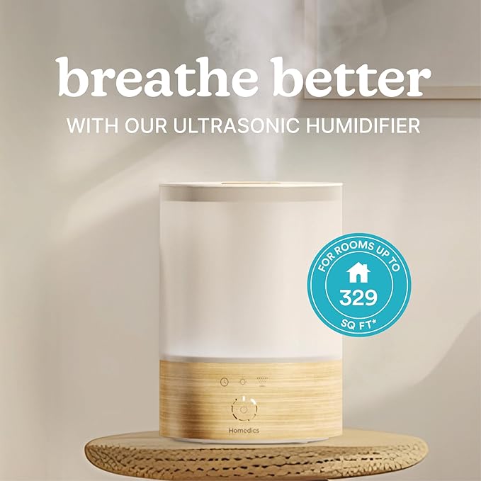 Homedics Cool Mist Ultrasonic Humidifier, 8-Colors Night Light, 0.66 Gal Top-Fill Tank, 24Hr Runtime, 3 Mist Settings, 360° Mist for 329 sq ft Rooms, Aromatherapy, Clean Tank Tech, Auto Shutoff