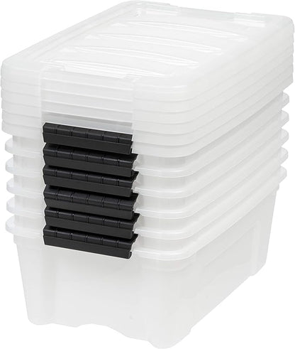 IRIS USA 13 Qt Stackable Plastic Storage Bins with Lids, 6 Pack - BPA-Free, Made in USA - Discreet Organizing Solution, Latches, Durable Nestable Containers, Secure Pull Handle - Pearl