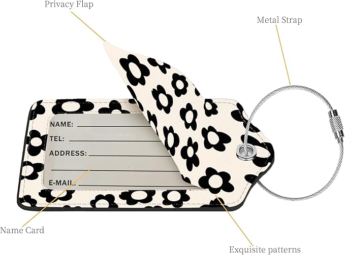 2 Pcs Luggage Tags for Suitcase, Cute Unique PU Leather Travel Bag Tag with Privacy Cover ID Label Address Card and Durable Metal Ring Suitable for Men Women Children Backpack,Black Flowers