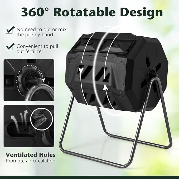 Goplus Compost Bin, Outdoor 42-Gal Dual Chamber Composting Tumbler w/2 Sliding Doors, Heavy-Duty Metal Frame, 360° Rotatable Tumbling Composter, BPA-Free Compost Tumbler for Kitchen Garden Yard Waste