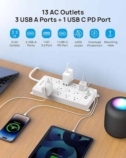 TROND Surge Protector Power Strip 15 ft, Flat Plug Extension Cord, 13 Wide Spaced Outlets, 4000 Joules, 32W Quick Charge 3.0 & USB C, Wall Mount, Under Desk, Heavy Duty, Mountable, ETL Listed, White