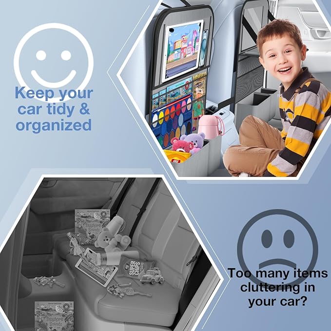 2PACK-Car Backseat Organizer with Touch Screen Tablet Holder,9 Storage Pockets Storage Organizer with Foldable Food Tray, Protector Kick Mats for Kids, Travel Accessories Organizer (Grey)