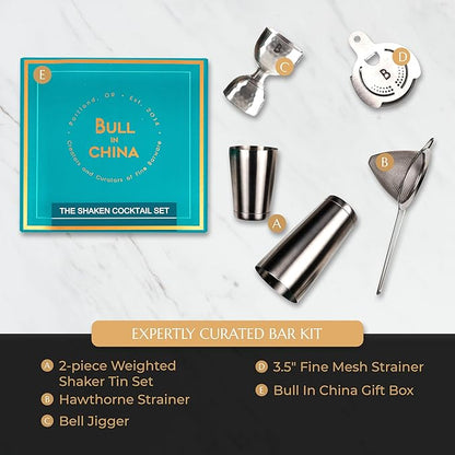 5 Piece Cocktail Kit by Bull In China - Premium Bartender Gift Set Includes Weighted 2 Piece Boston Shaker, Hammered Bell Jigger, Hawthorne Strainer & Fine Mesh Strainer (Gunmetal Black)
