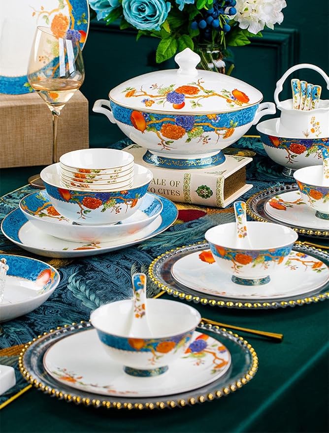 60 Pieces of 10-12 People Bone China Bowl and Plate Dinnerware Set Pomegranate